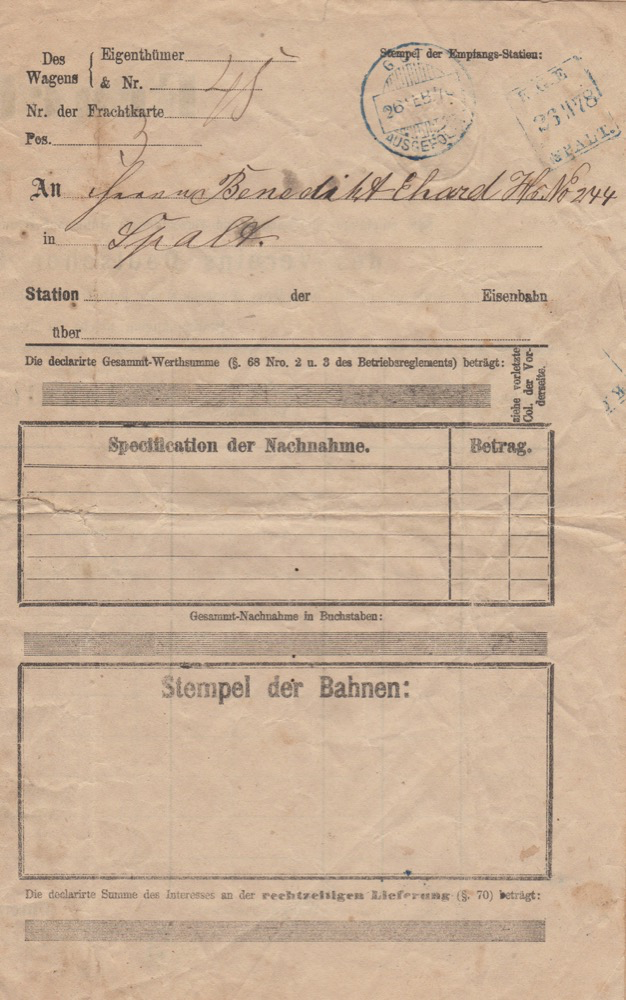 Frachtbrief vom 25. Februar 1878